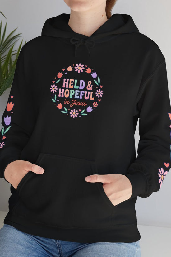 Held & Hopeful Hoodie | Christian encouragement, pastel groovy scripture