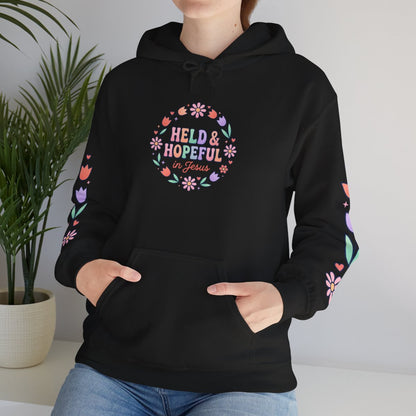 Held & Hopeful Hoodie | Christian encouragement, pastel groovy scripture