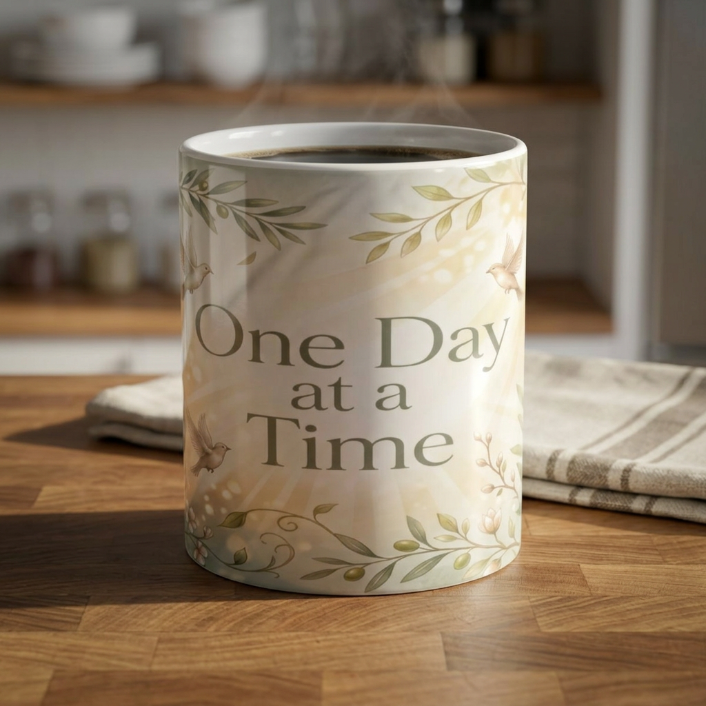 One Day at a Time Ceramic Mug — Inspirational Floral Coffee Cup (11oz, 15oz)