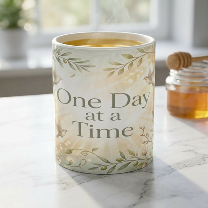 One Day at a Time Ceramic Mug — Inspirational Floral Coffee Cup (11oz, 15oz)