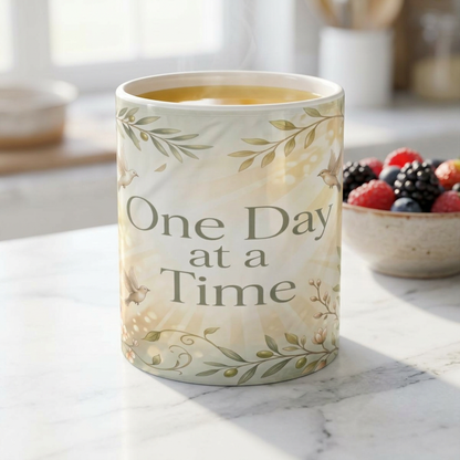 One Day at a Time Ceramic Mug — Inspirational Floral Coffee Cup (11oz, 15oz)