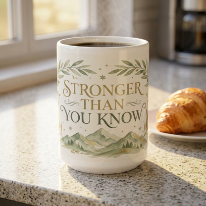 Stronger Than You Know Ceramic Mug — Inspirational Mountain Quote (11oz & 15oz)
