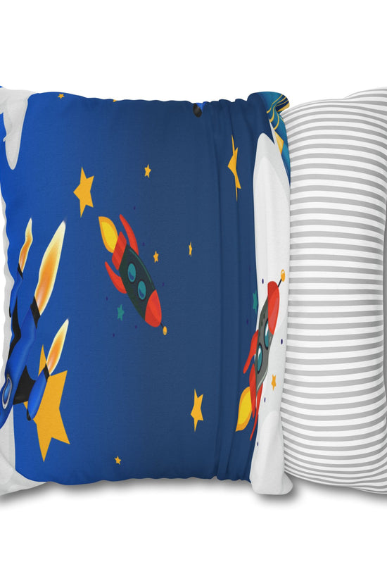 Kids Space Rocket Throw Pillowcase – Blue Stars Galaxy Decorative Pillow Cover by Grace Canvas Shop