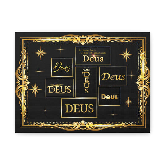 Deus Gold Script Matte Canvas Wall Art  Black & Gold Religious Typography