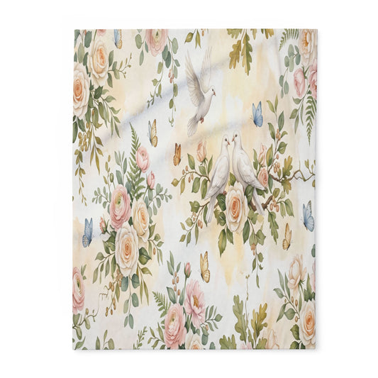 Floral Dove Fleece Blanket – Romantic Rose & Bird Throw