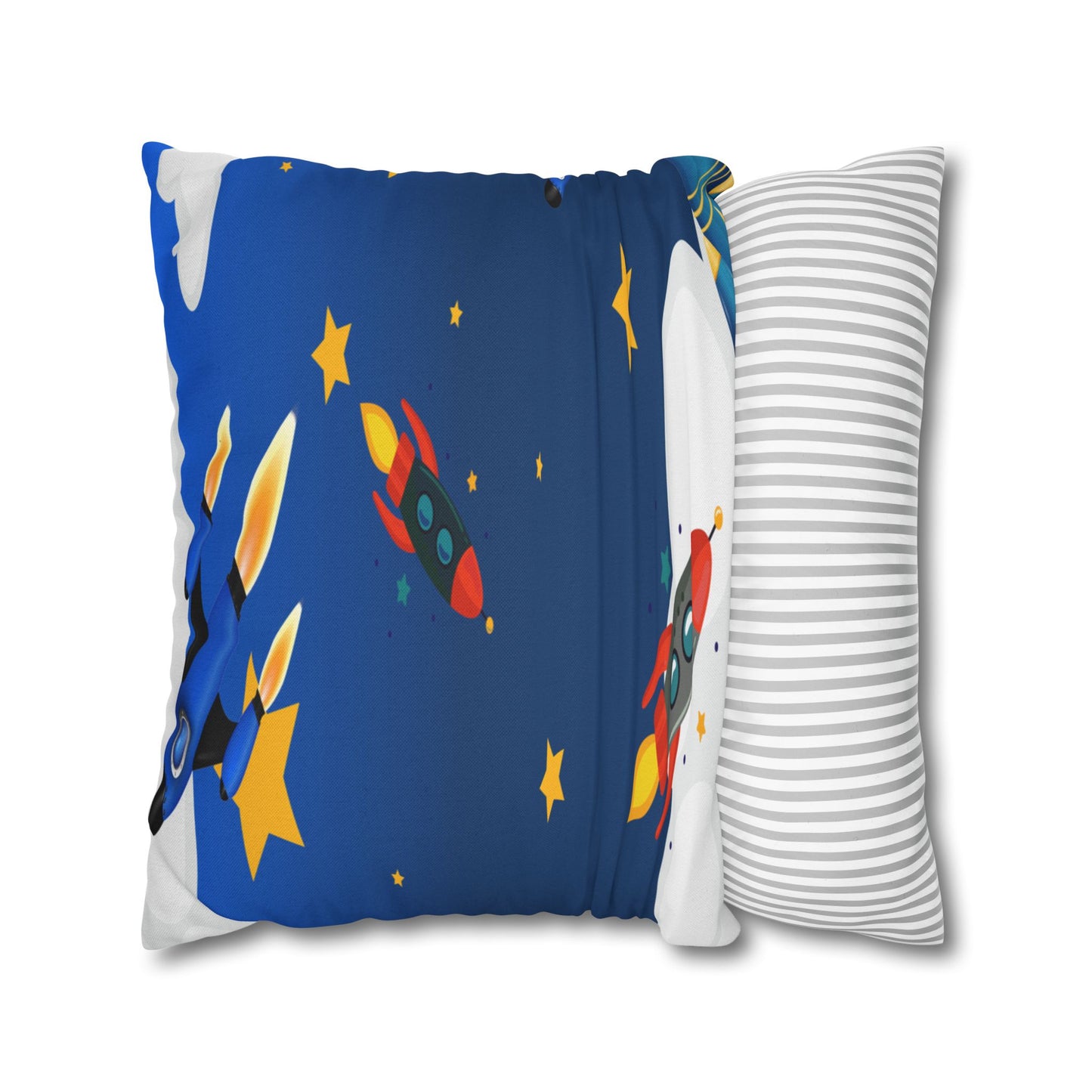 Kids Space Rocket Throw Pillowcase – Blue Stars Galaxy Decorative Pillow Cover by Grace Canvas Shop