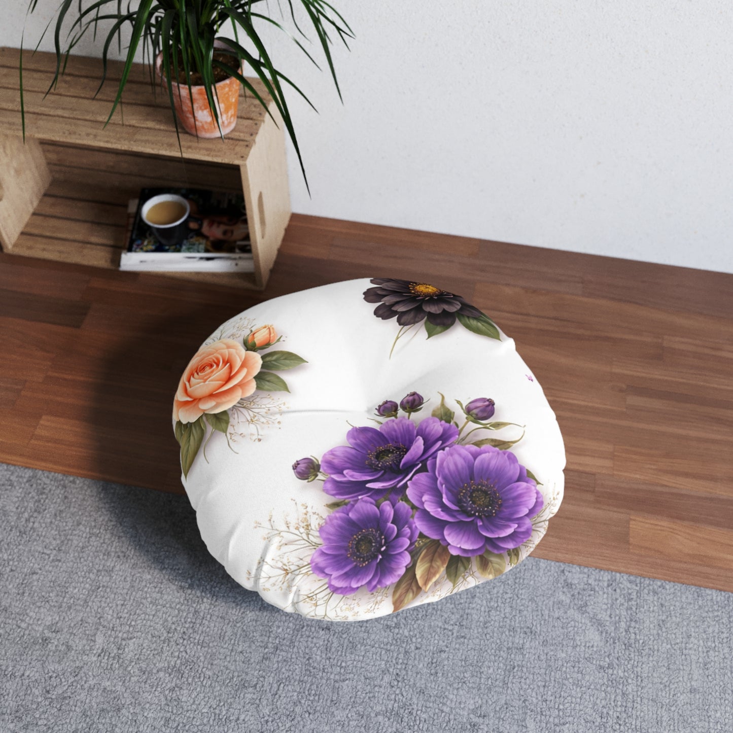 Round Tufted Floor Pillow — Vintage Floral Bouquet (Purple, Peach & Chocolate Blooms)