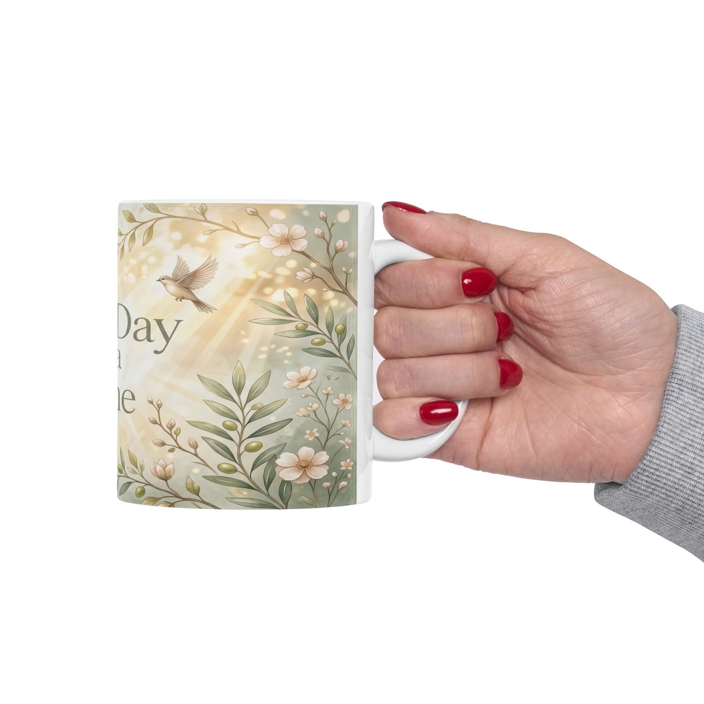 One Day at a Time Ceramic Mug — Inspirational Floral Coffee Cup (11oz, 15oz)