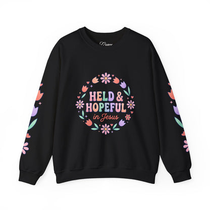 Held & Hopeful in Jesus Sweatshirt | Colorful Pastel Christian Encouragement