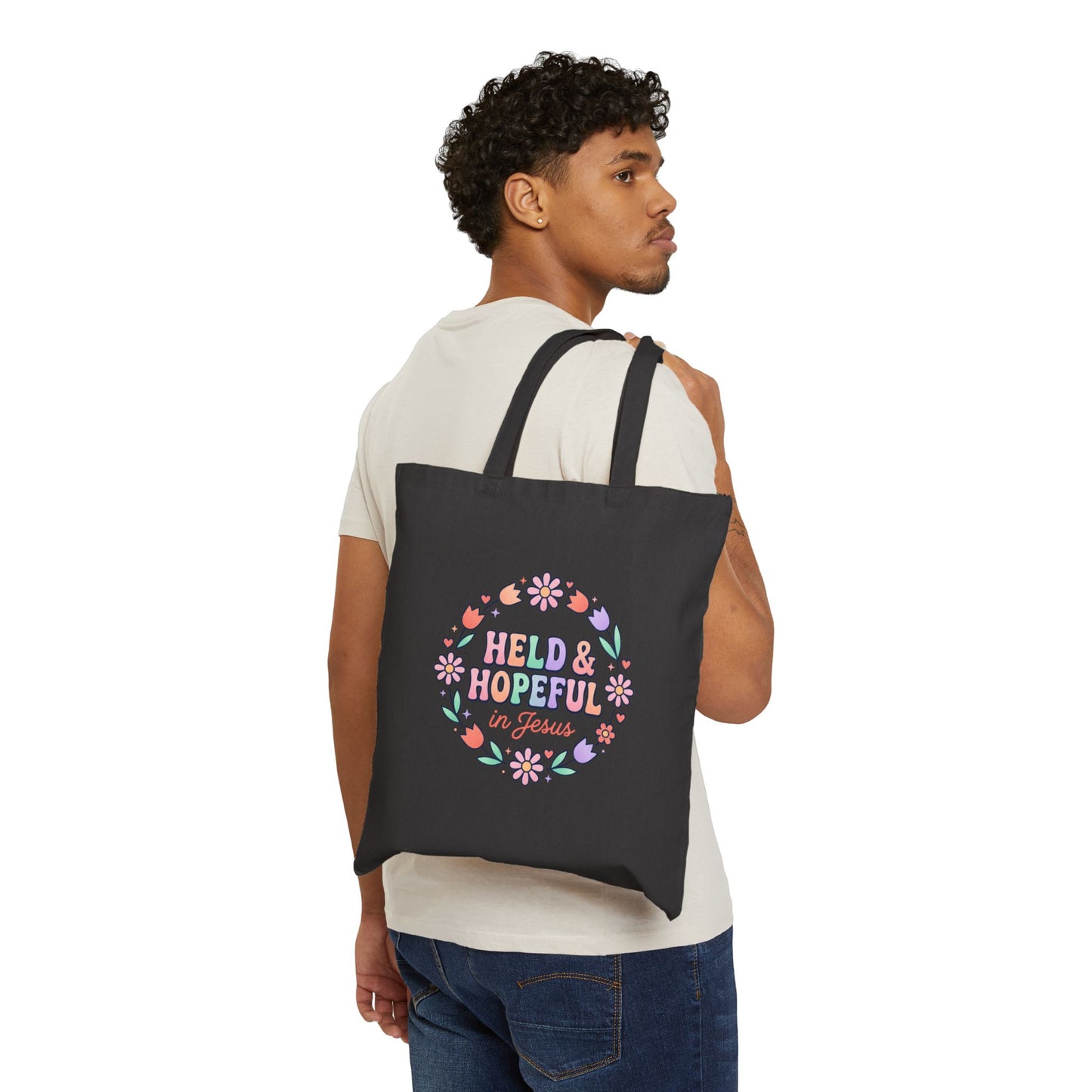 Held & Hopeful in Jesus Tote | Pastel Groovy Christian Encouragement