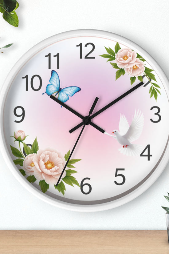 Wall Clock — Pastel Floral Clock with Dove & Blue Butterfly by Grace Canvas Shop