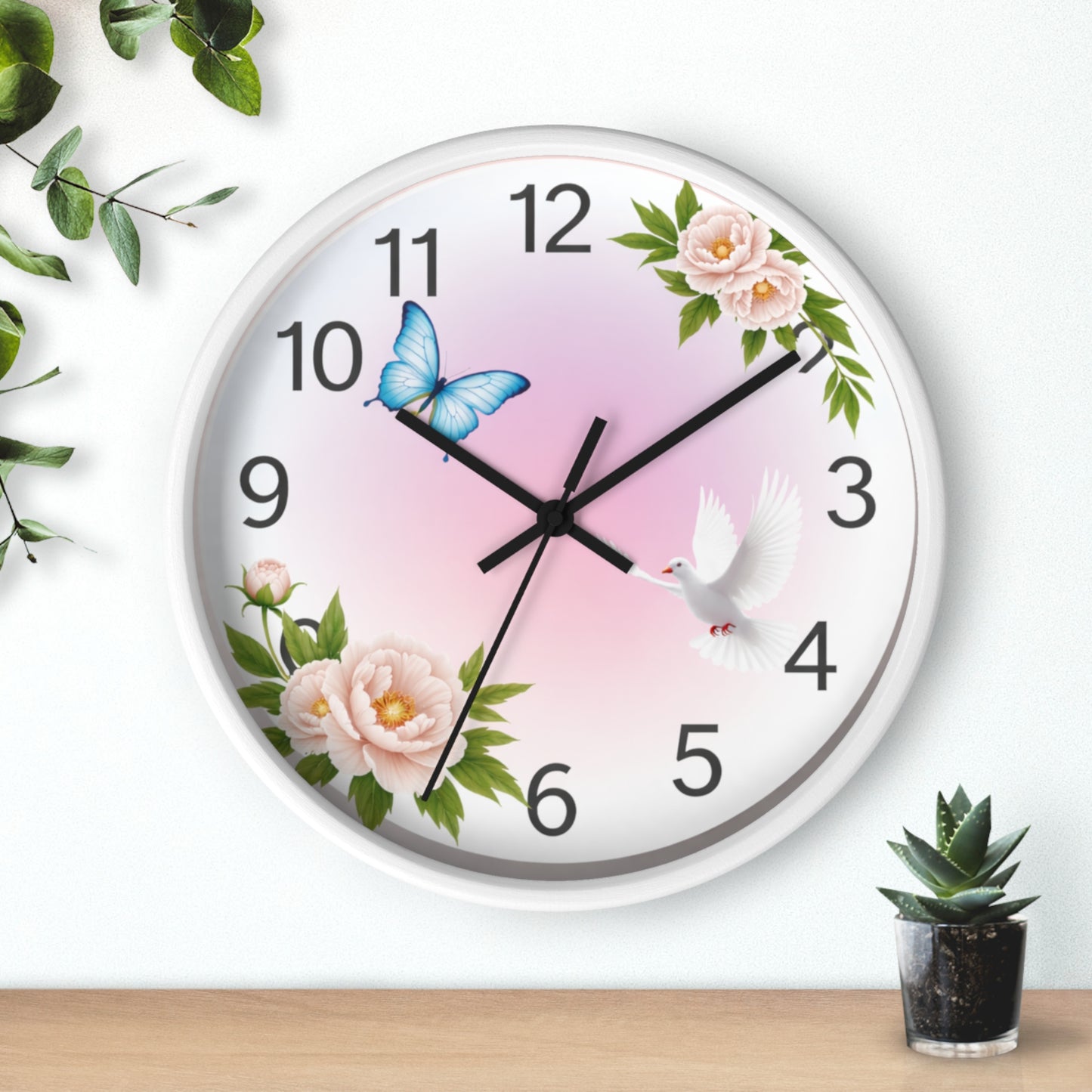 Wall Clock — Pastel Floral Clock with Dove & Blue Butterfly