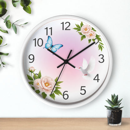 Wall Clock — Pastel Floral Clock with Dove & Blue Butterfly