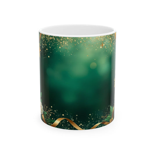 Christmas Green & Gold Ribbon Ceramic Mug (11oz, 15oz)
