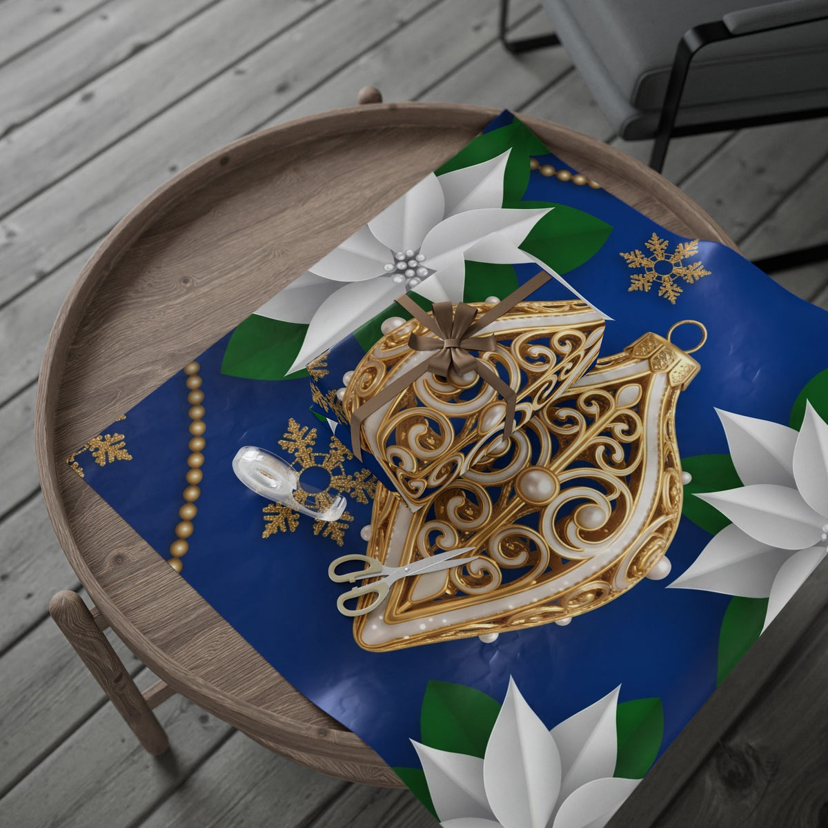 Blue & Gold Ornament Poinsettia Gift Wrap — Navy Blue Christmas Wrapping Paper