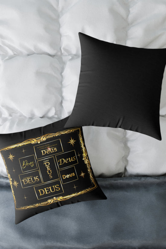 Deus Gold Foil Accent Pillow — Black Square Decorative Throw Pillow by Grace Canvas Shop