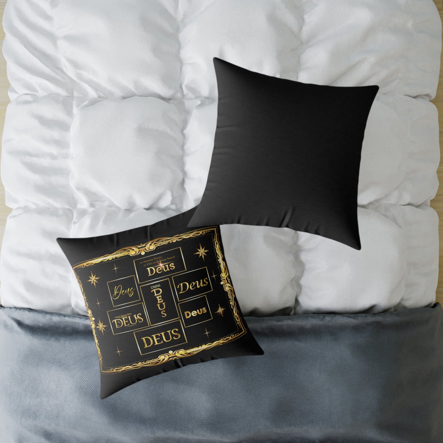 Deus Gold Foil Accent Pillow — Black Square Decorative Throw Pillow by Grace Canvas Shop
