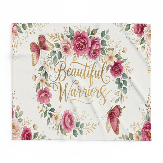 Inspirational Floral Blanket design with pink roses, green leaves, and gold butterflies on a white background.
