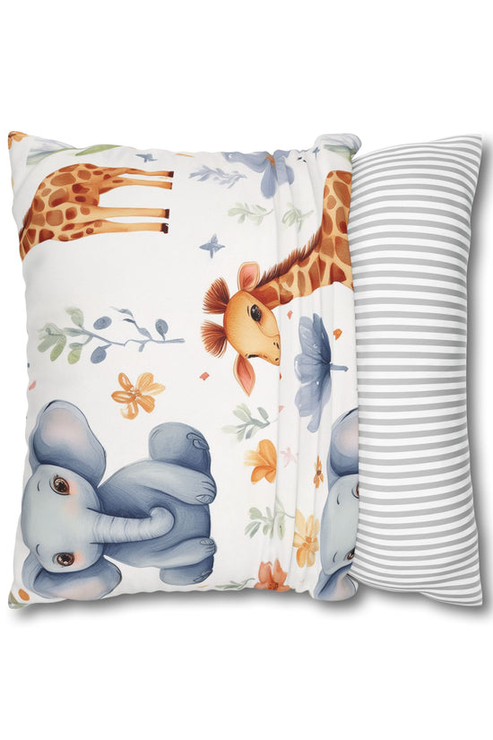 Nursery Animal Throw Pillowcase — Giraffe & Elephant Floral Square Cushion Cover by Grace Canvas Shop