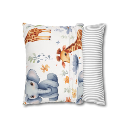 Nursery Animal Throw Pillowcase — Giraffe & Elephant Floral Square Cushion Cover by Grace Canvas Shop