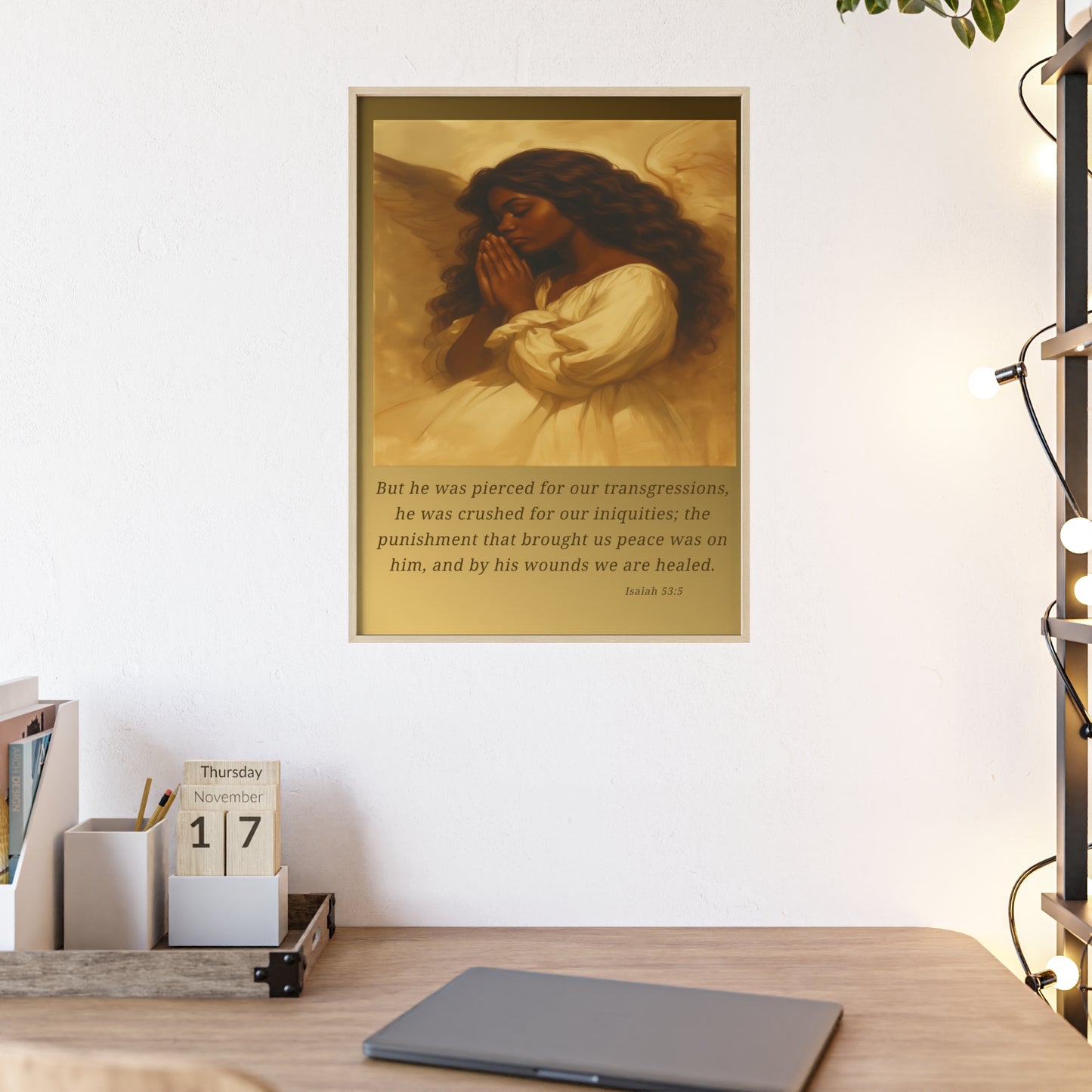 Framed Prayer Angel Poster — Isaiah 53:5 Religious Wall Art