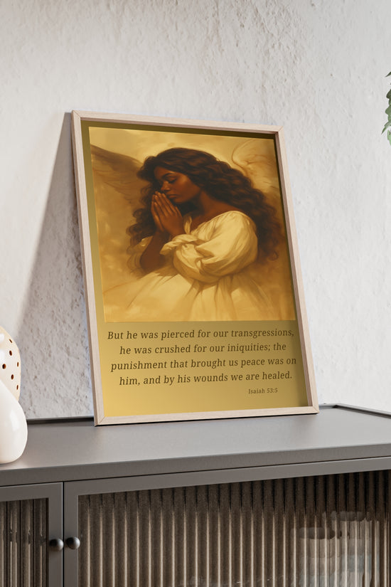 Framed Prayer Angel Poster — Isaiah 53:5 Religious Wall Art