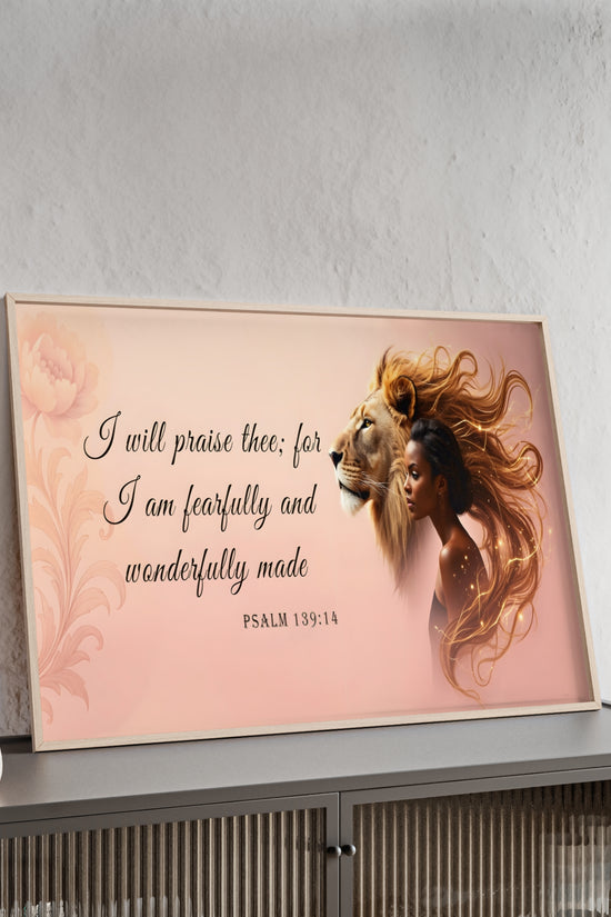 Fearfully & Wonderfully Made Wooden-Framed Poster — Psalm 139:14 Lion & Woman Wall Art