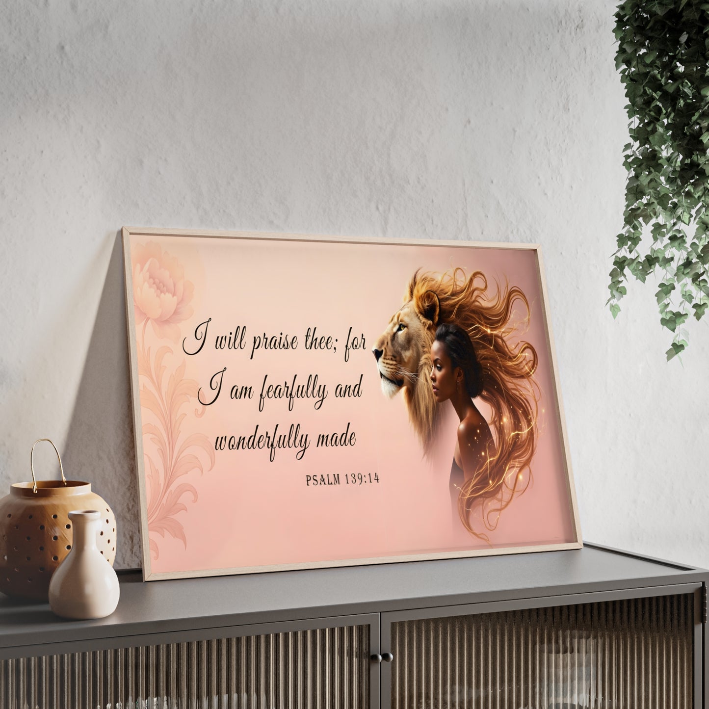 Fearfully & Wonderfully Made Wooden-Framed Poster — Psalm 139:14 Lion & Woman Wall Art