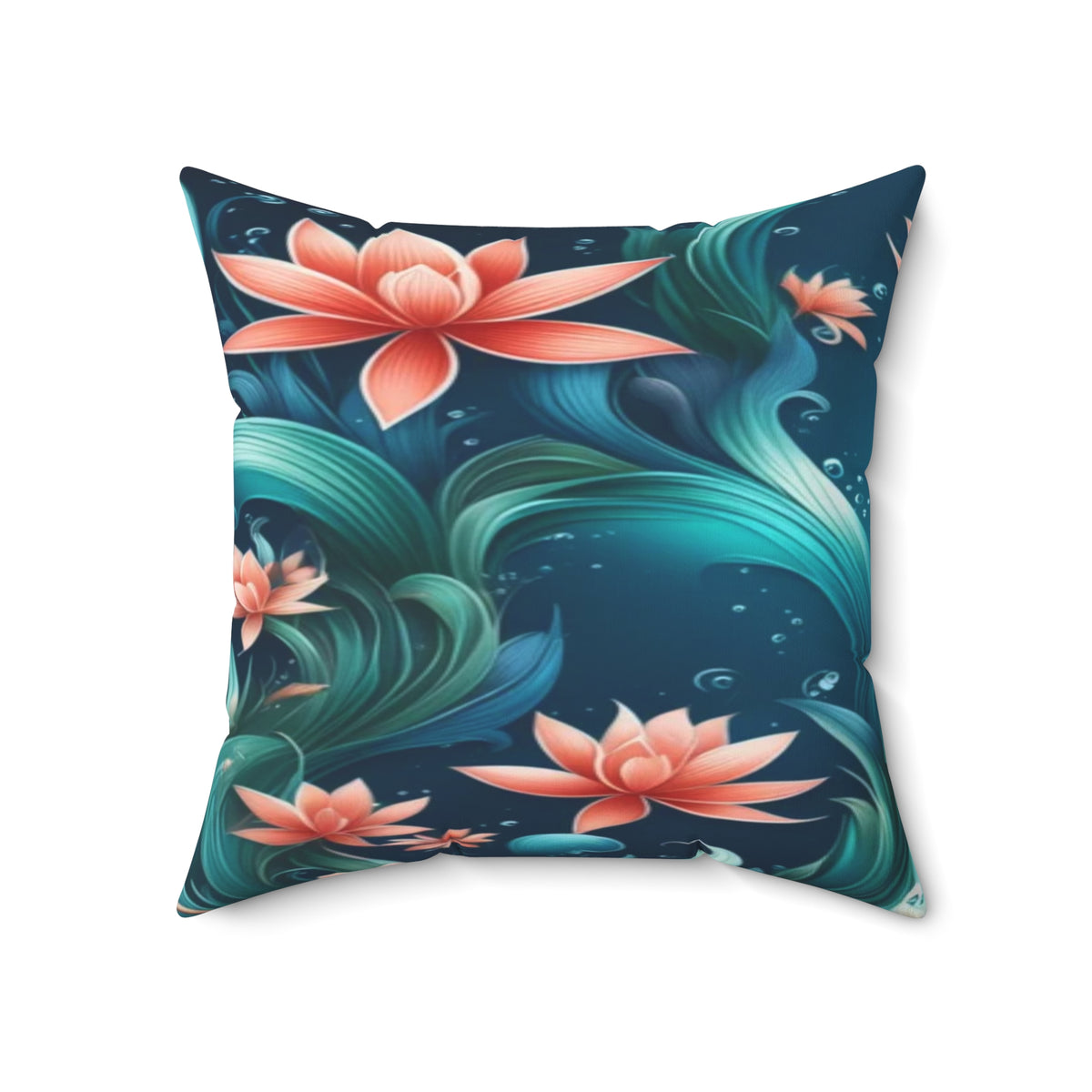 Aquatic Square Floral Throw Pillow — Teal & Coral Decorative Cushion