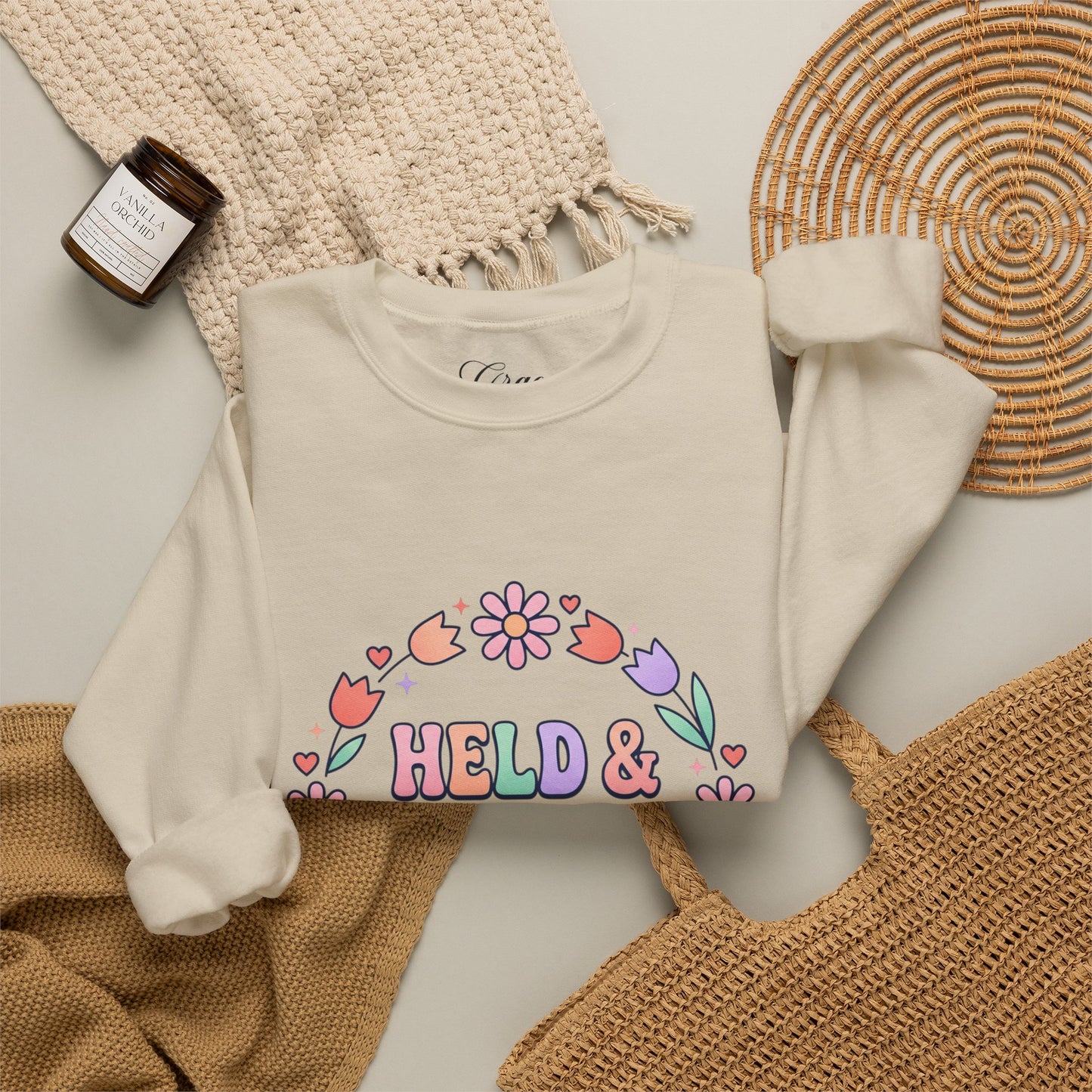 Held & Hopeful in Jesus Sweatshirt | Colorful Pastel Christian Encouragement