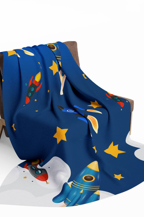 Rocket Ship Fleece Blanket — Kids Space Stars Throw for Nursery & Sleepovers by Grace Canvas Shop