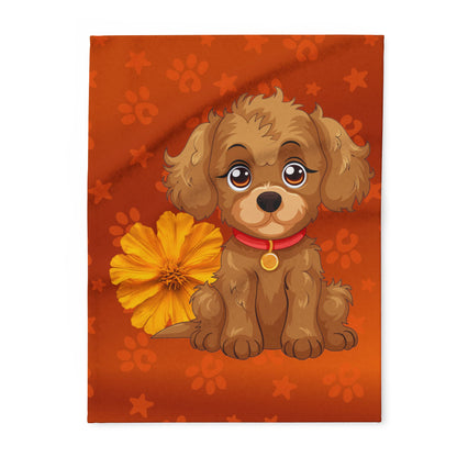 Cute Puppy Fleece Blanket — Adorable Brown Dog with Flower Throw by Grace Canvas Shop