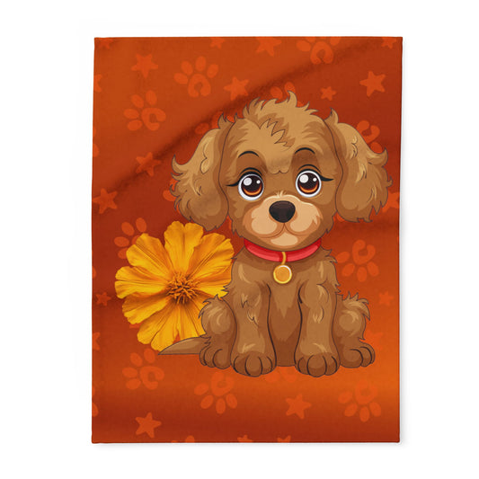 Cute Puppy Fleece Blanket — Adorable Brown Dog with Flower Throw