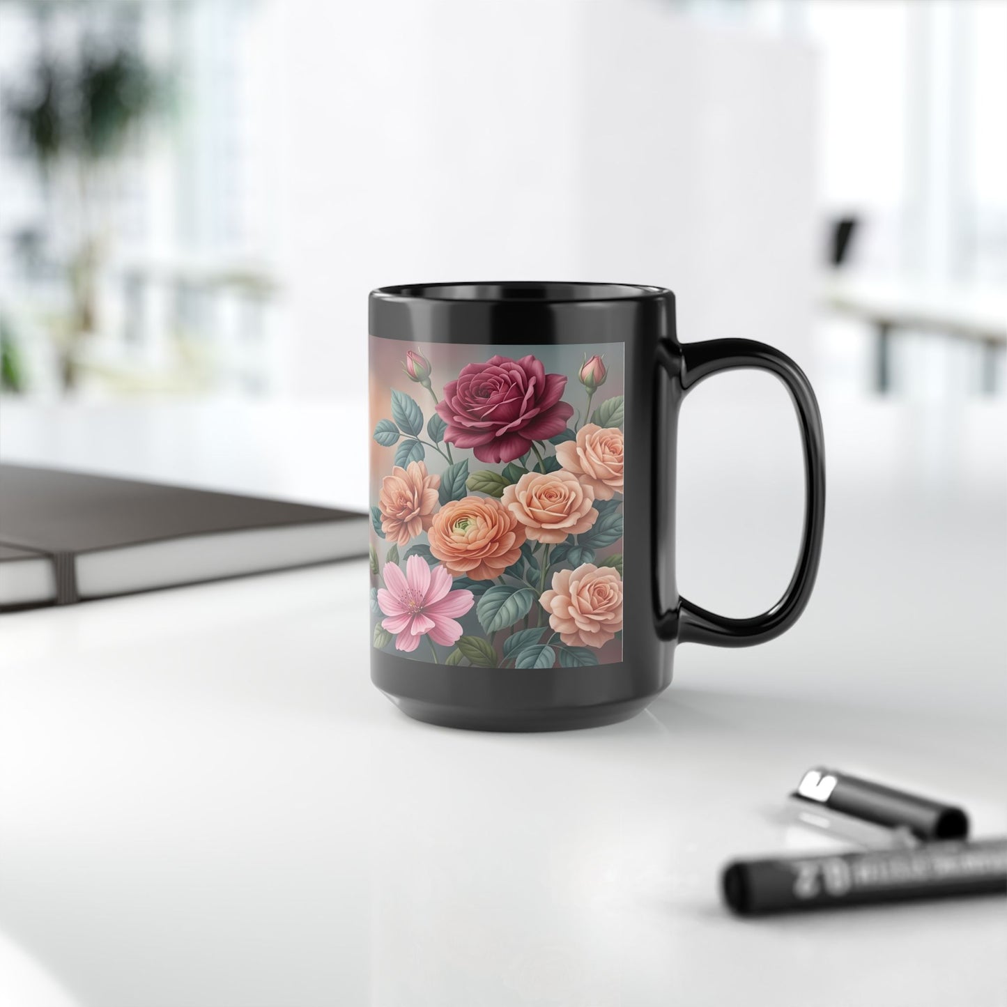 Floral Vintage Roses Black Coffee Mug (11oz/15oz)