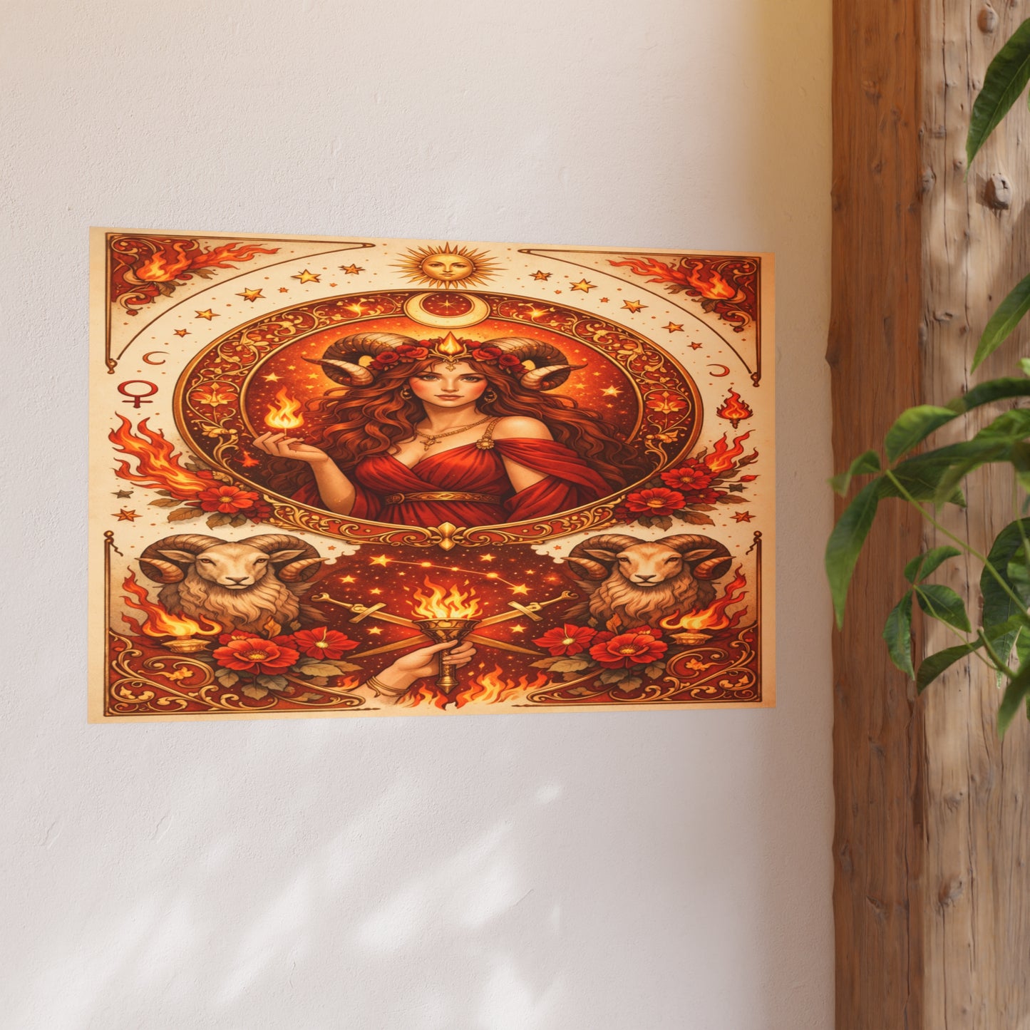 Aries Zodiac Art Poster — Fiery Goddess Illustration (Archival Matte)