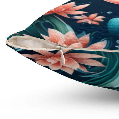 Aquatic Square Floral Throw Pillow — Teal & Coral Decorative Cushion