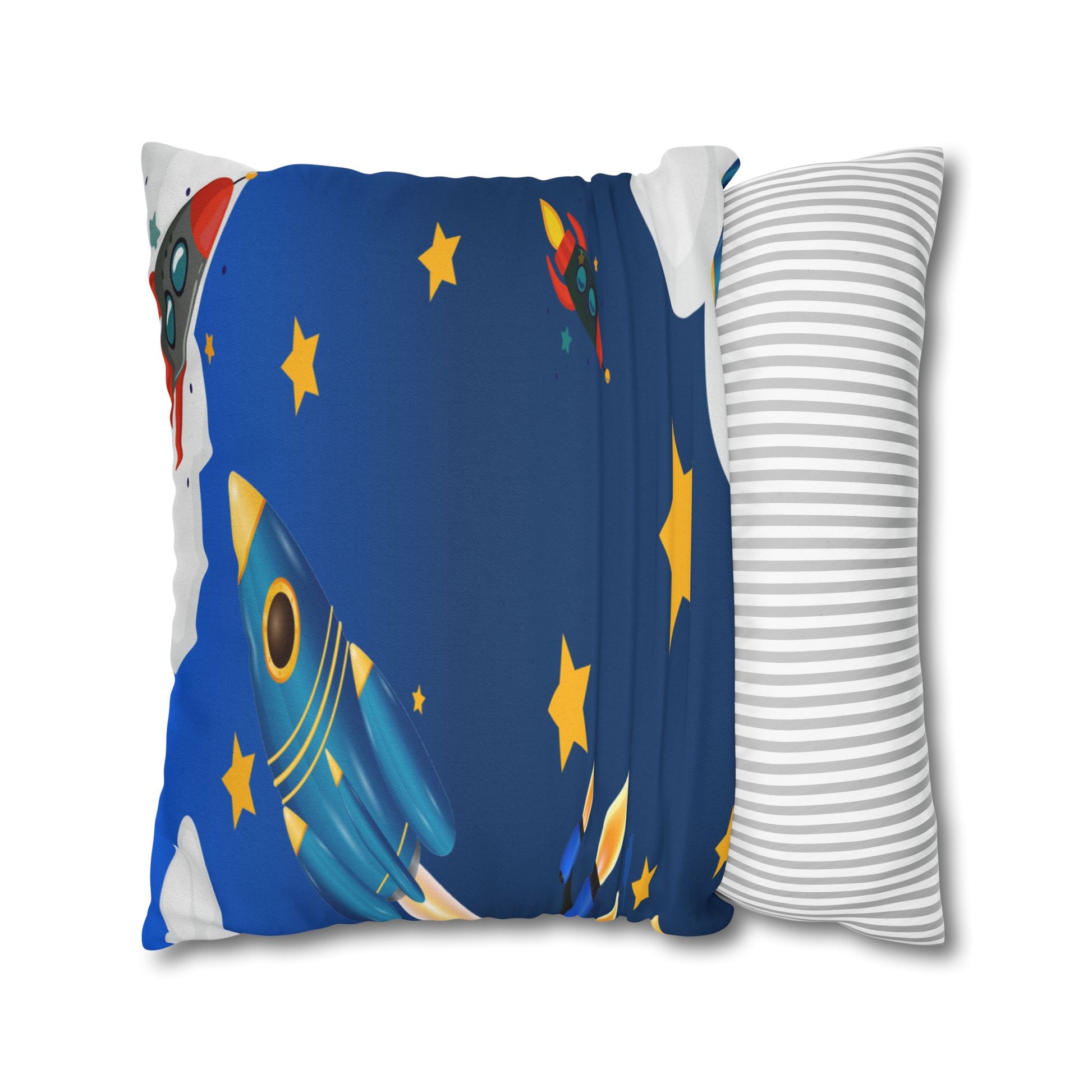 Kids Space Rocket Throw Pillowcase – Blue Stars Galaxy Decorative Pillow Cover by Grace Canvas Shop