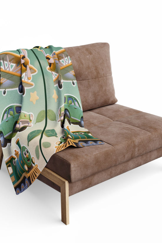 Kids Transport Fleece Blanket — Cute Plane, Car & Train Nursery Throw by Grace Canvas Shop