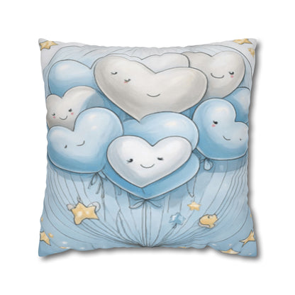 Blue Smiling Heart Balloons Square Pillowcase — Cute Nursery Decorative Throw Pillow Cover