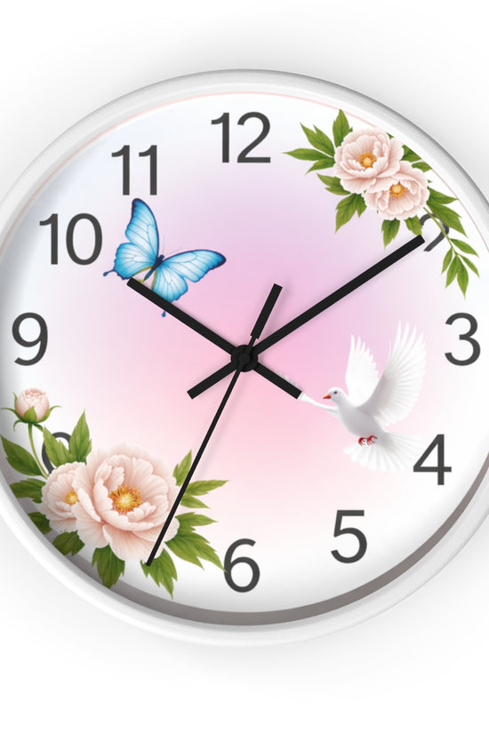 Wall Clock — Pastel Floral Clock with Dove & Blue Butterfly by Grace Canvas Shop