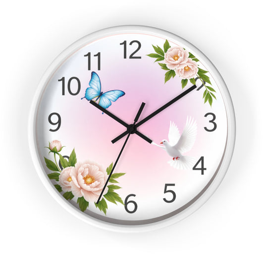Wall Clock — Pastel Floral Clock with Dove & Blue Butterfly