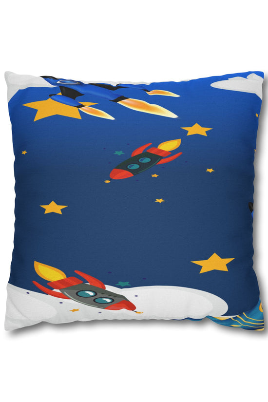Kids Space Rocket Throw Pillowcase – Blue Stars Galaxy Decorative Pillow Cover by Grace Canvas Shop