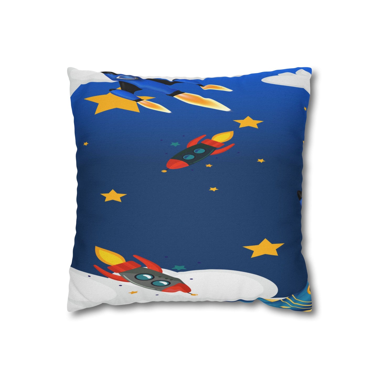 Kids Space Rocket Throw Pillowcase – Blue Stars Galaxy Decorative Pillow Cover by Grace Canvas Shop