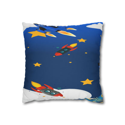 Kids Space Rocket Throw Pillowcase – Blue Stars Galaxy Decorative Pillow Cover by Grace Canvas Shop