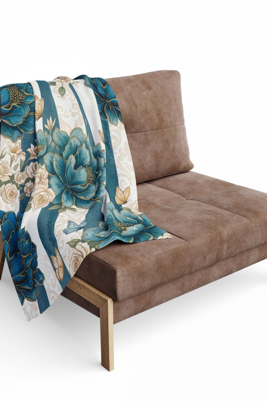 Teal Peony Striped Throw Fleece Blanket