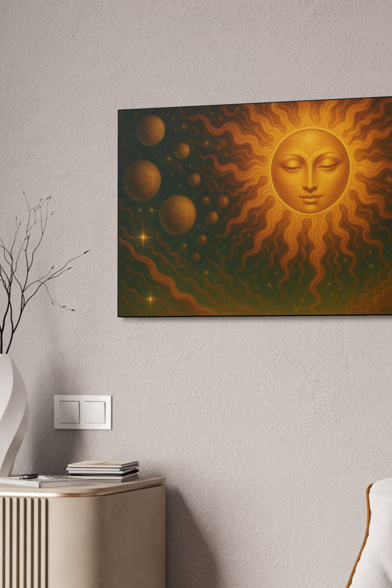Mystical Sun Wall Canvas - Golden Celestial Art Stretched Canvas by Grace Canvas.shop