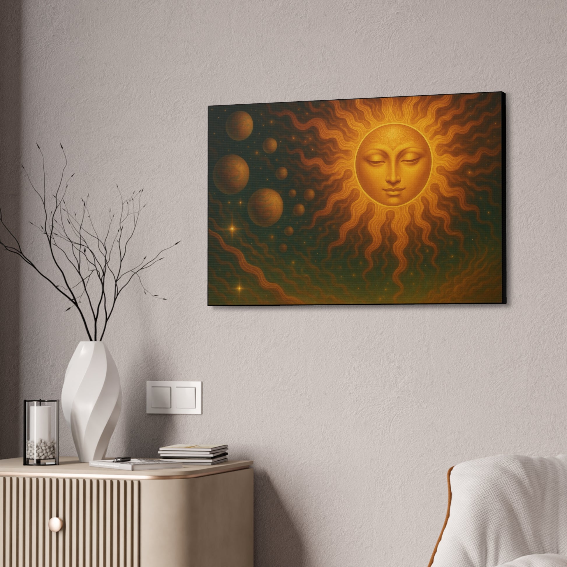 Mystical Sun Wall Canvas - Golden Celestial Art Stretched Canvas by Grace Canvas.shop