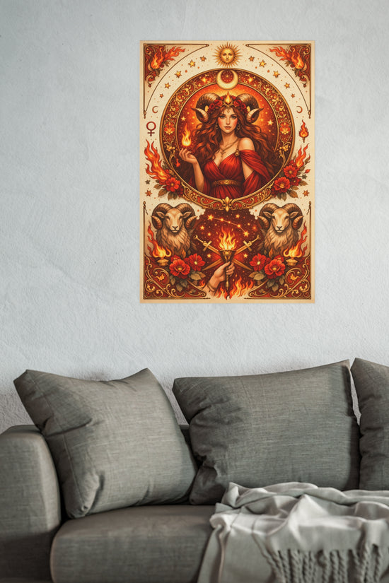 Aries Zodiac Art Poster — Fiery Goddess Illustration (Archival Matte) by Grace Canvas Shop