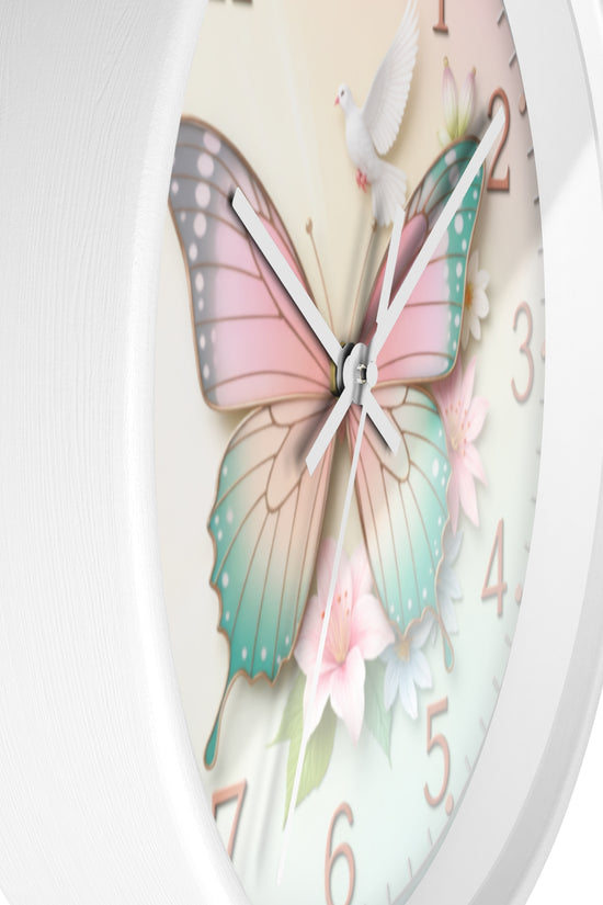 Pastel Butterfly Wall Clock — Floral Dove Decorative Clock for Nursery & Bedroom by Grace Canvas Shop