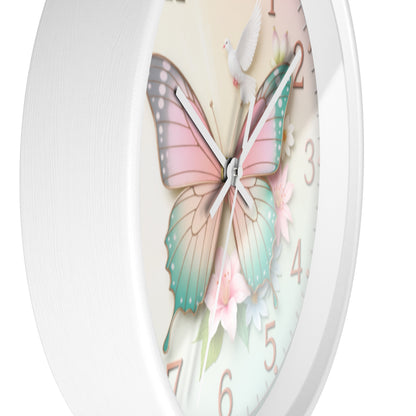 Pastel Butterfly Wall Clock — Floral Dove Decorative Clock for Nursery & Bedroom